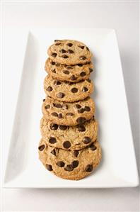 Row of Chocolate Chip Cookies on a Rectangular Plate