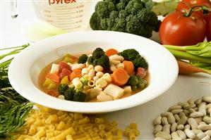Bowl of Minestrone Soup with Ingredients