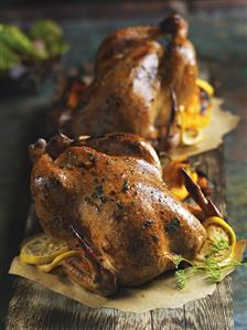 Whole Roasted Game Hens on Wood