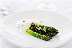 Jumbo Asparagus with Molasses Pearls and Lemon Cream