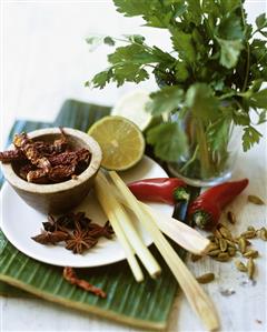 Thai Ingredients; Chili Pepper, Lime, Coriander