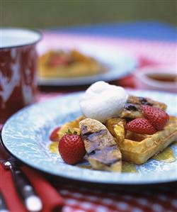 Waffle with Grilled Banana, Strawberries and Maple Whipped Cream