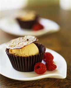 Ice Cream in Chocolate Cup with Caramel Disk with Raspberries