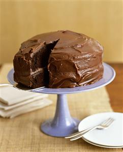 Removing Slice of Classic Chocolate Cake on Pedestal Dish