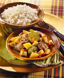 Creole lamb ragout with rice bowl