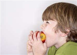 Young boy eating an apple