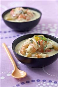 Gambas con leche de coco y mango. Cocomilk gambas. Receta disponible.  