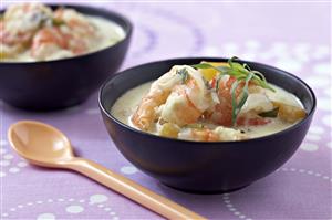 Gambas con leche de coco y mango. Cocomilk gambas. Receta disponible.  