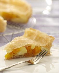 Tarta de orejones. Primer plano de un trozo y tenedor. Receta disponible TR.  
Dry Apricots Pie. Close-up of aPiece and Fork.
