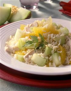 Ensalada de arroz con pavo y melon. Receta disponible.
Rice with Turkey and Melon Salad.