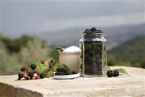 Moras en un tarro de cristal y azucarero.